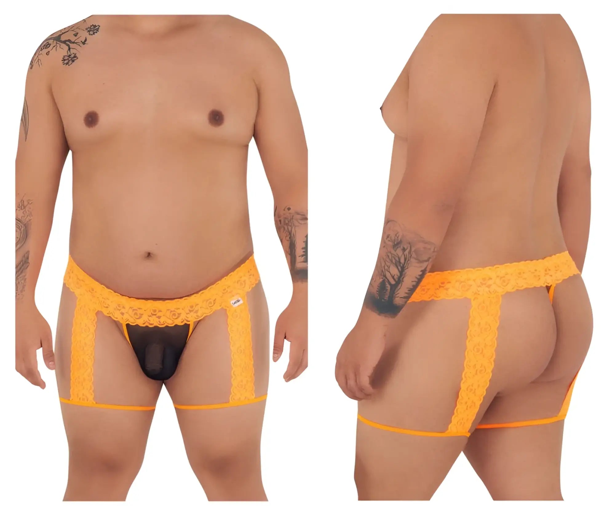 Bright orange lace-trimmed men’s thong with black central panel candyMan 99369X thongs color hot orange