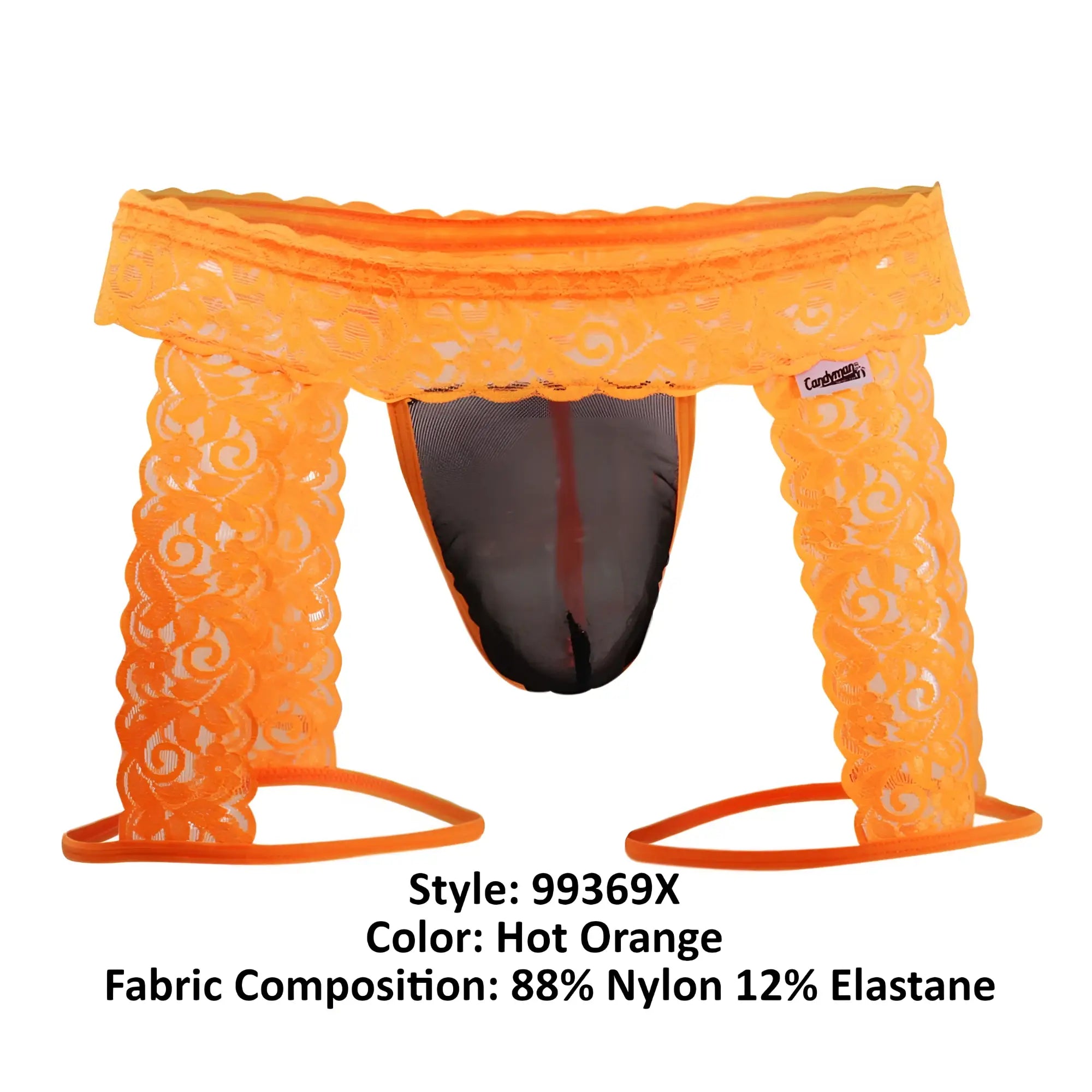 CandyMan 99369X hot orange lace thong with black mesh interior and elasticized leg bands front view