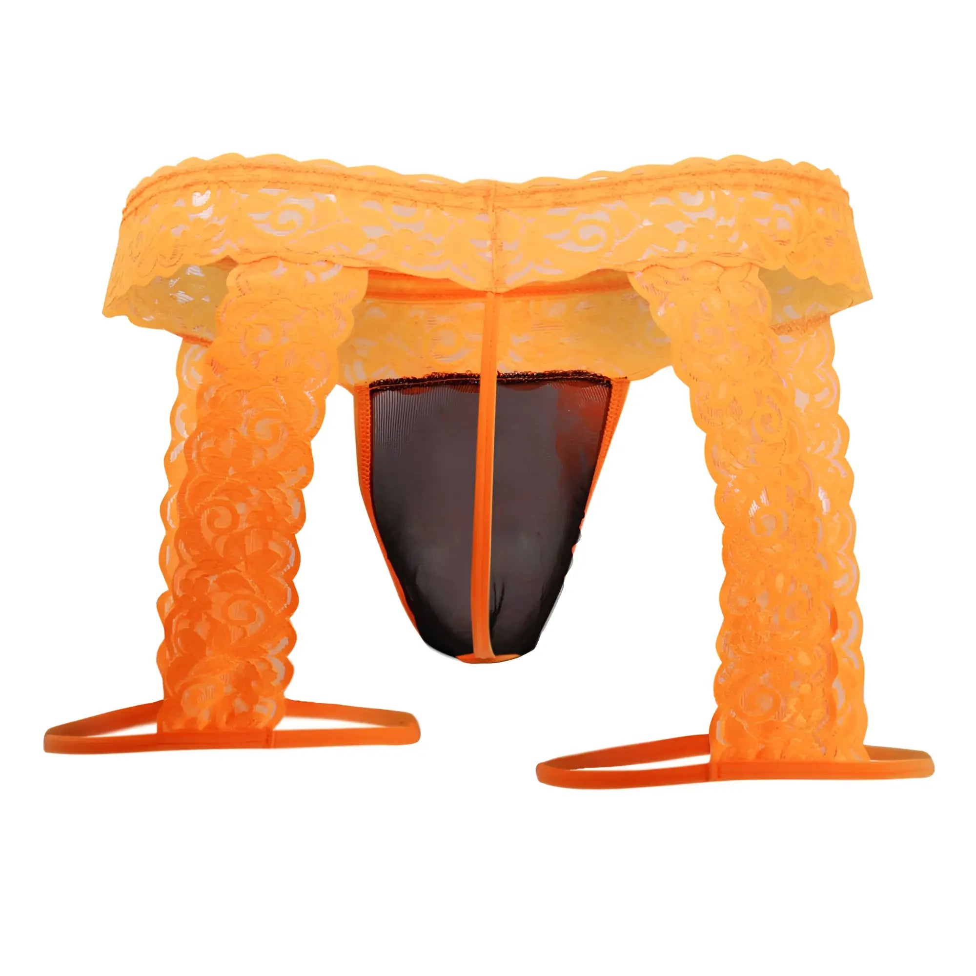 Orange lace thong with black mesh panel and matching orange straps from candyman 99369x thongs color hot orange