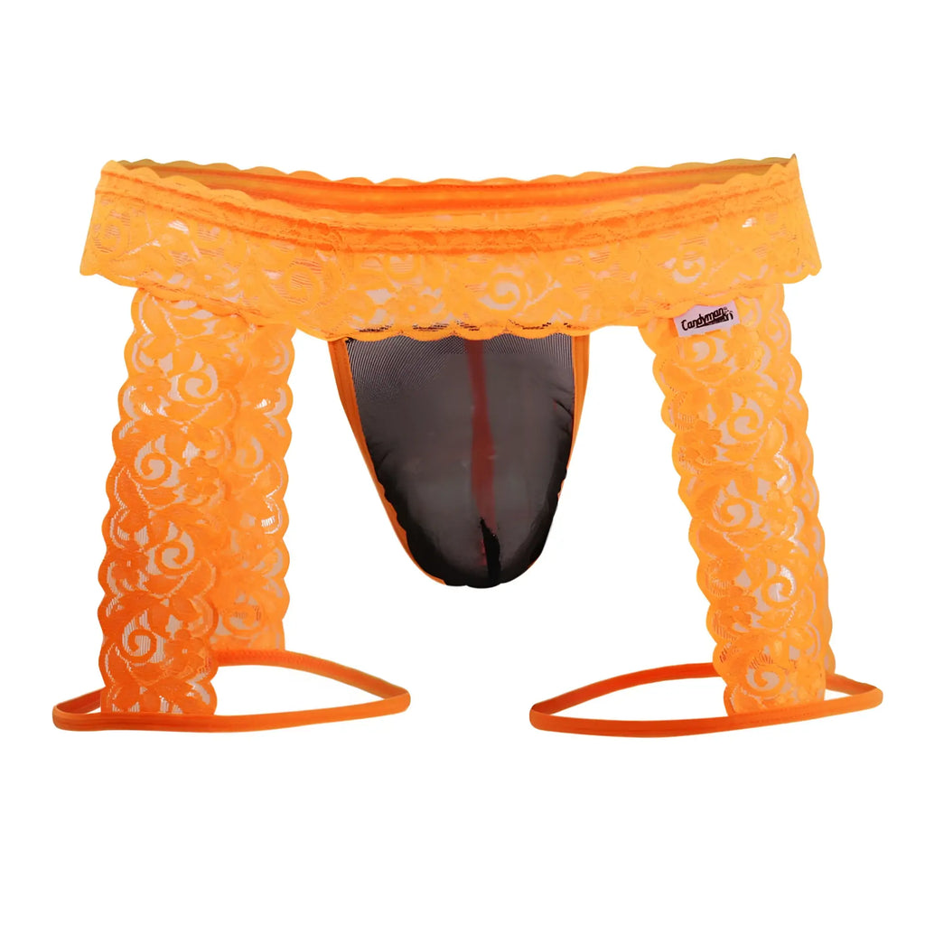 Orange lace thong with black mesh interior and elastic leg straps from candyman 99369x in hot orange color