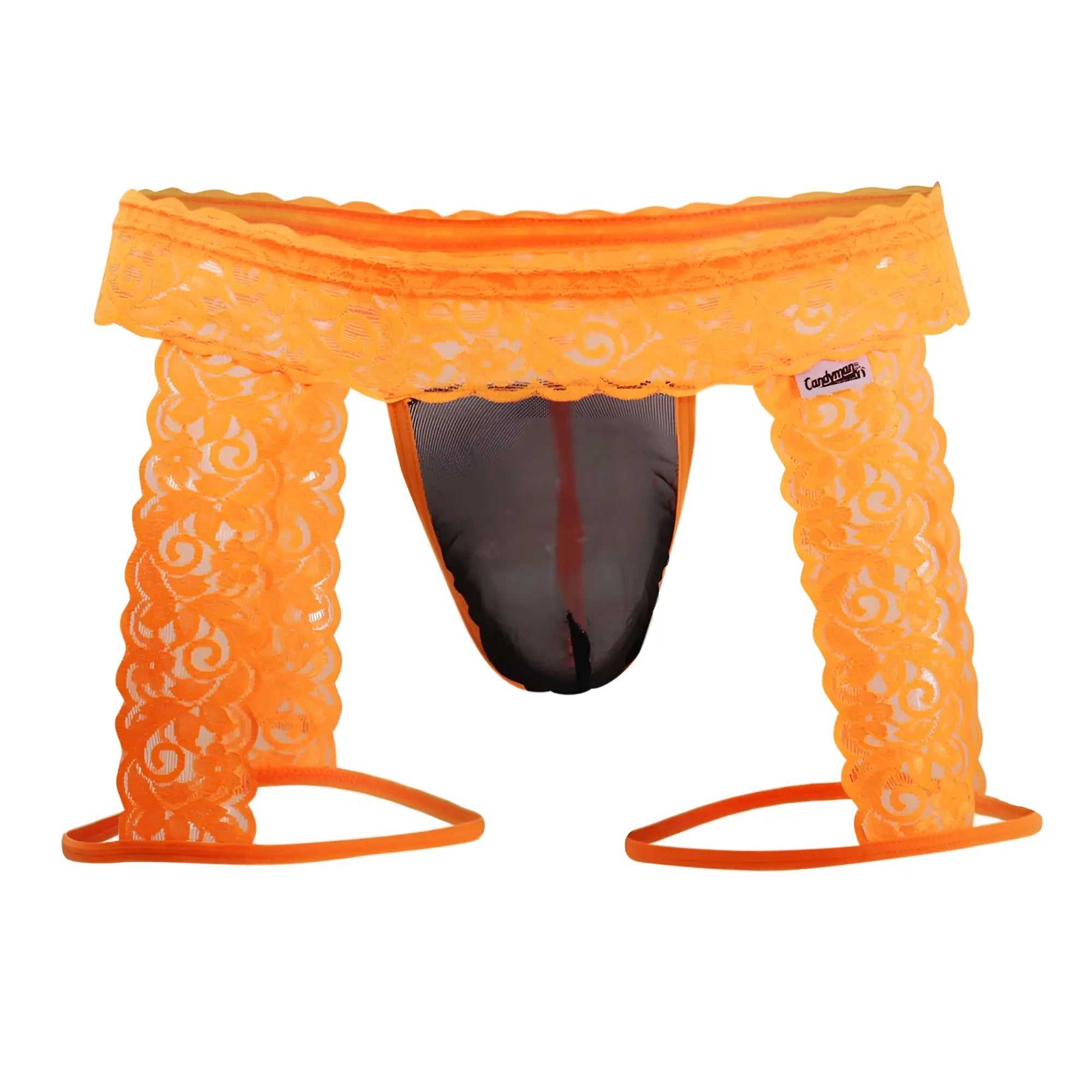 Orange lace thong with black mesh interior and elastic leg straps from candyman 99369x in hot orange color
