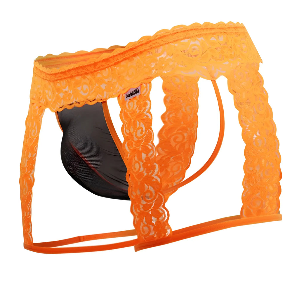 Candyman 99369x thongs hot orange orange lace trimmed men’s briefs with black mesh interior and elastic waistband