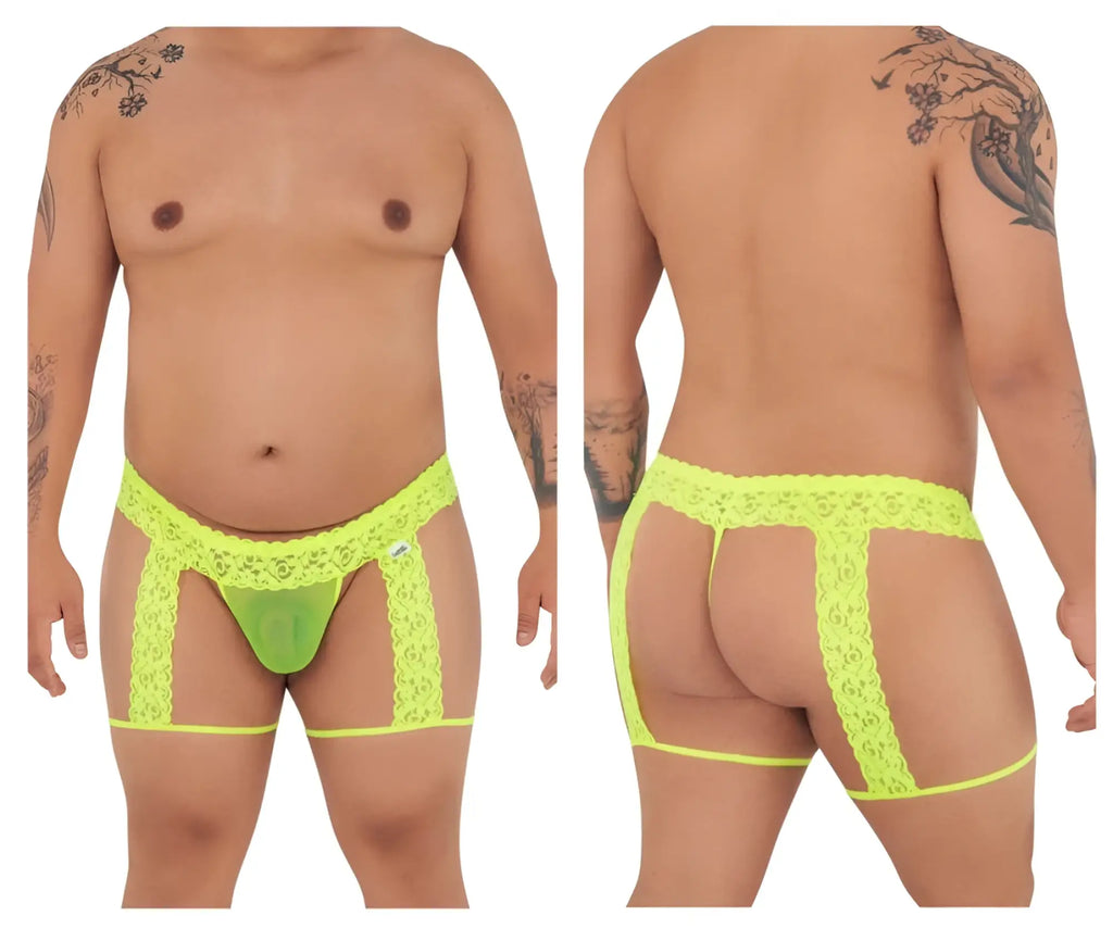 Bright neon green lace thong with matching leg straps and sheer mesh panel candyMan 99369X thongs hot yellow color