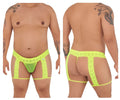 Bright neon green lace thong with matching leg straps and sheer mesh panel candyMan 99369X thongs hot yellow color