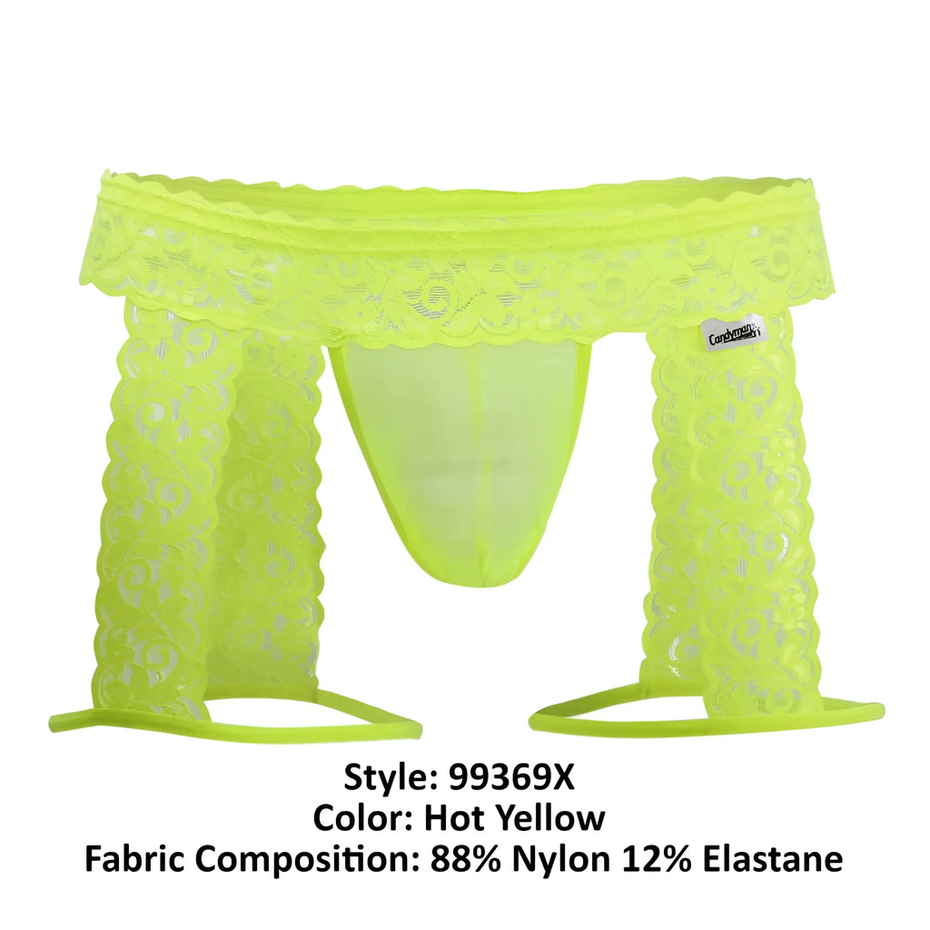 Hot yellow CandyMan 99369X thong with scalloped edge sheer patterned lace fabric front view
