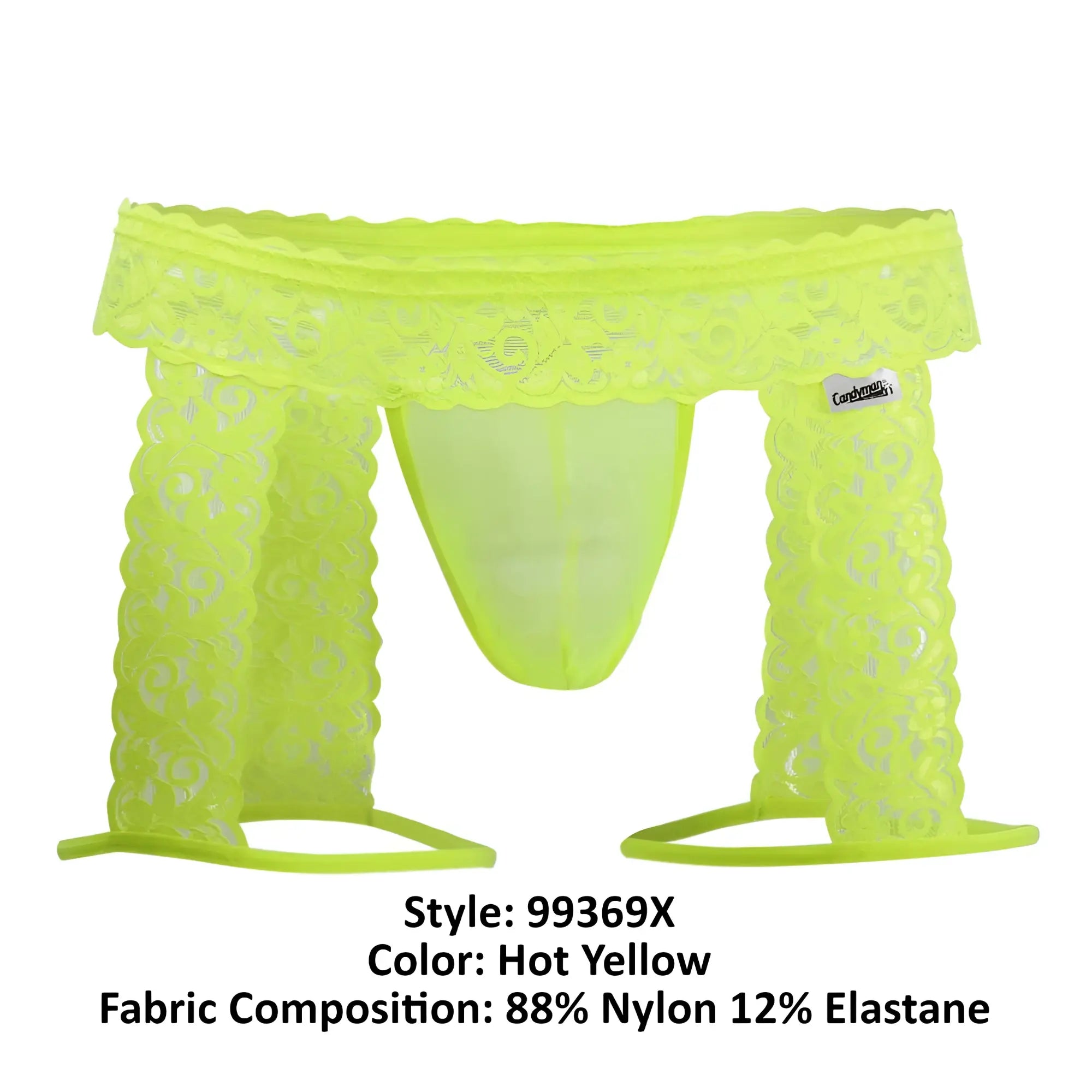 Hot yellow CandyMan 99369X thong with scalloped edge sheer patterned lace fabric front view