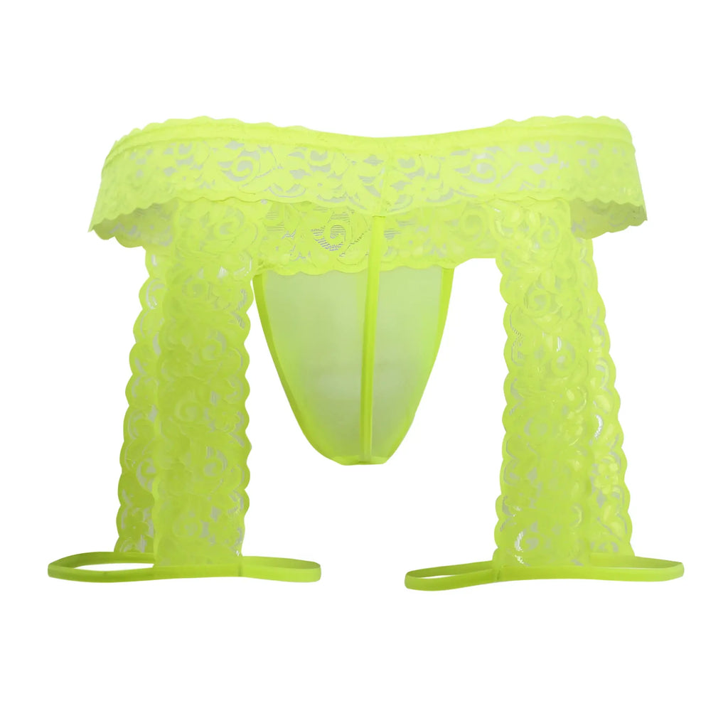Neon green lace CandyMan 99369X thong with scalloped edges and matching foot straps in hot yellow color