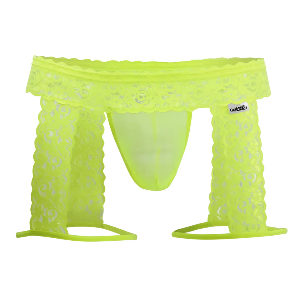 CandyMan 99369X thong in neon green lace with scalloped edges and sheer patterned design in hot yellow color