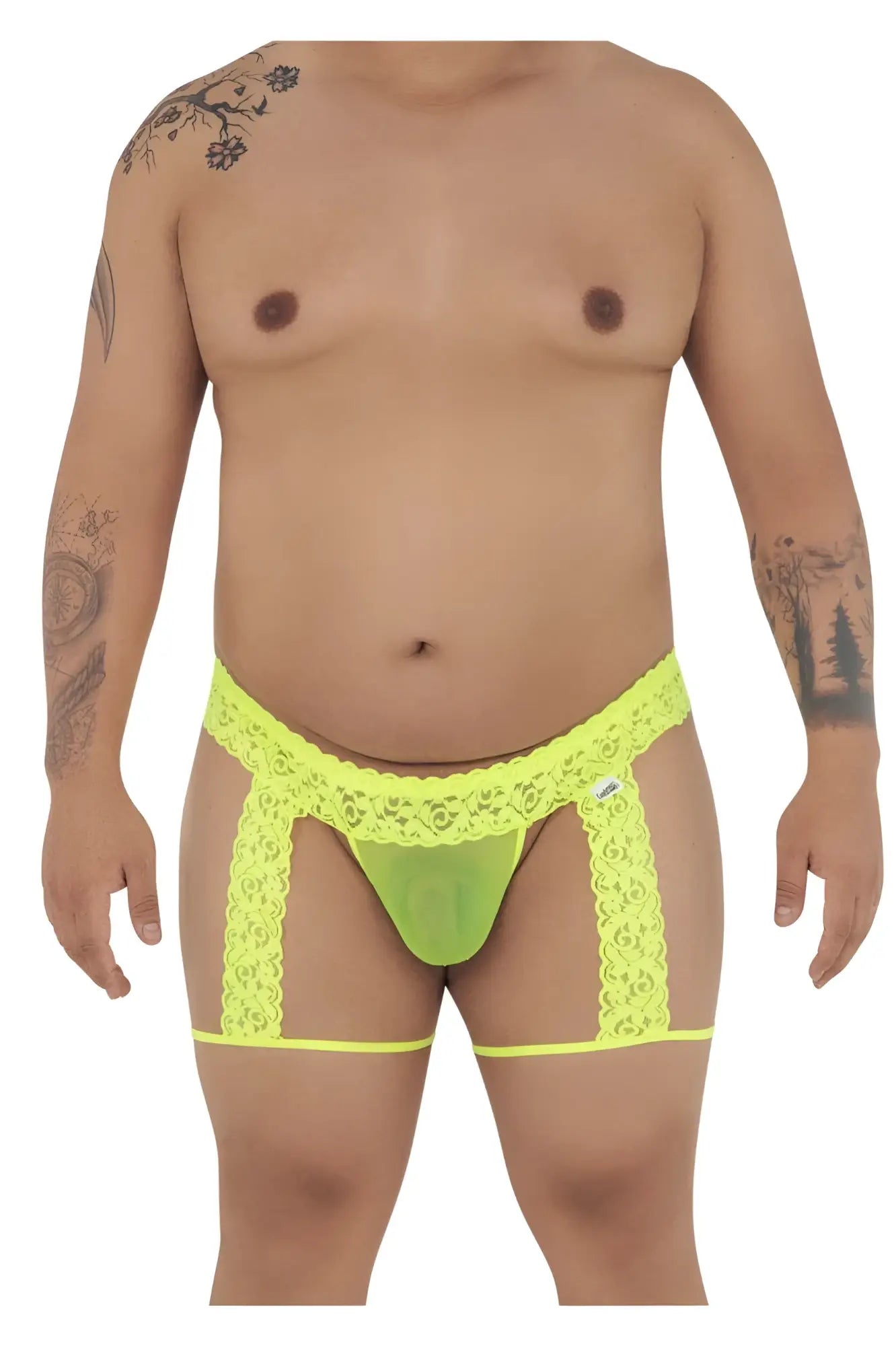 Neon green lace thong with side straps from CandyMan 99369X thongs color hot yellow shown from the front