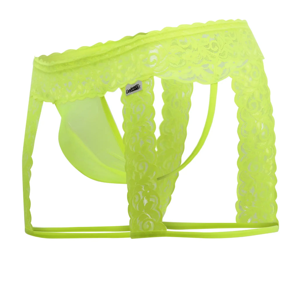Vibrant neon green lace-trimmed mens briefs with sheer patterned design candyMan 99369X thongs hot yellow color