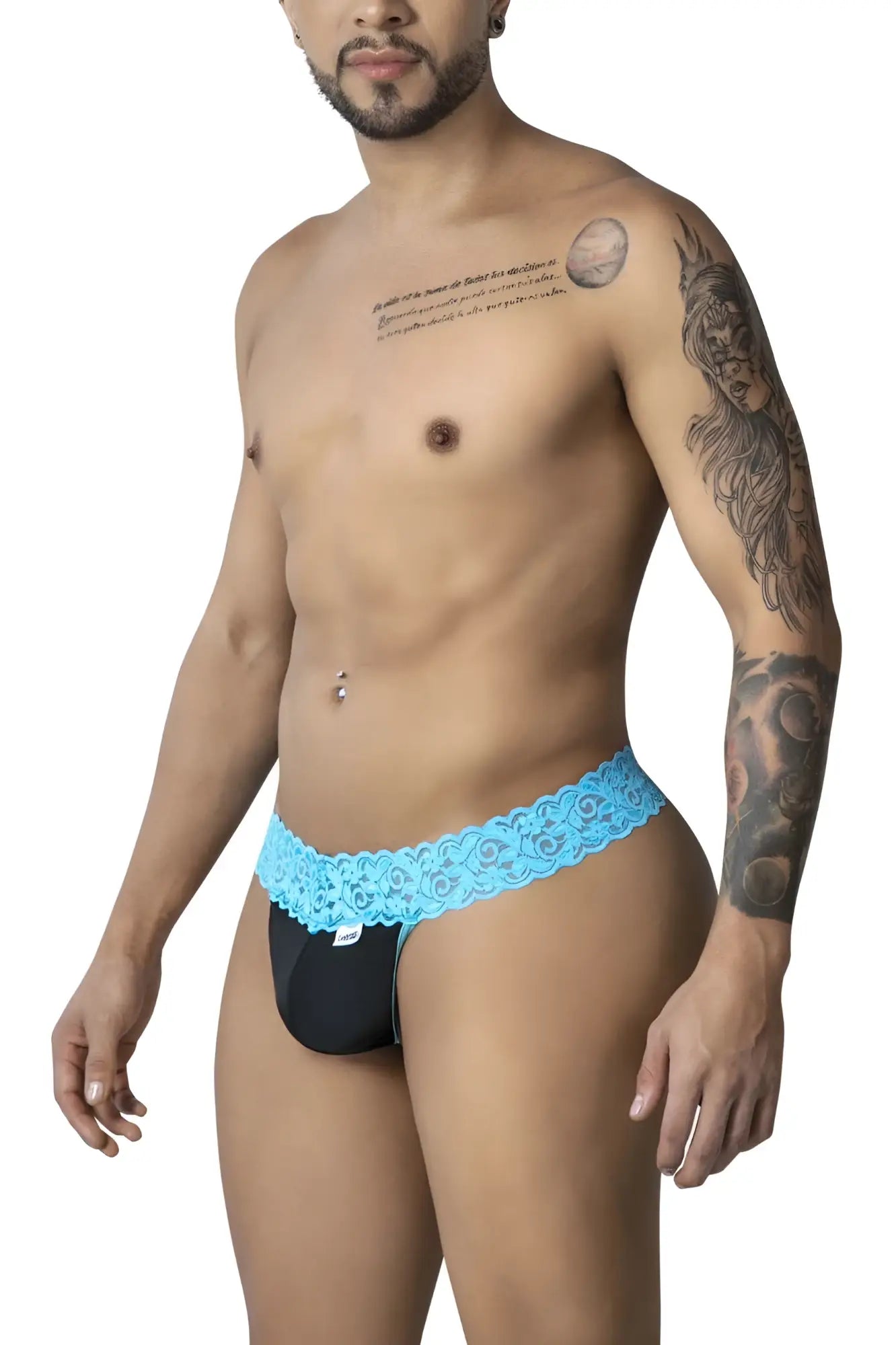 Black lace-trimmed CandyMan 99370 lace thongs with a vibrant blue floral patterned waistband front view