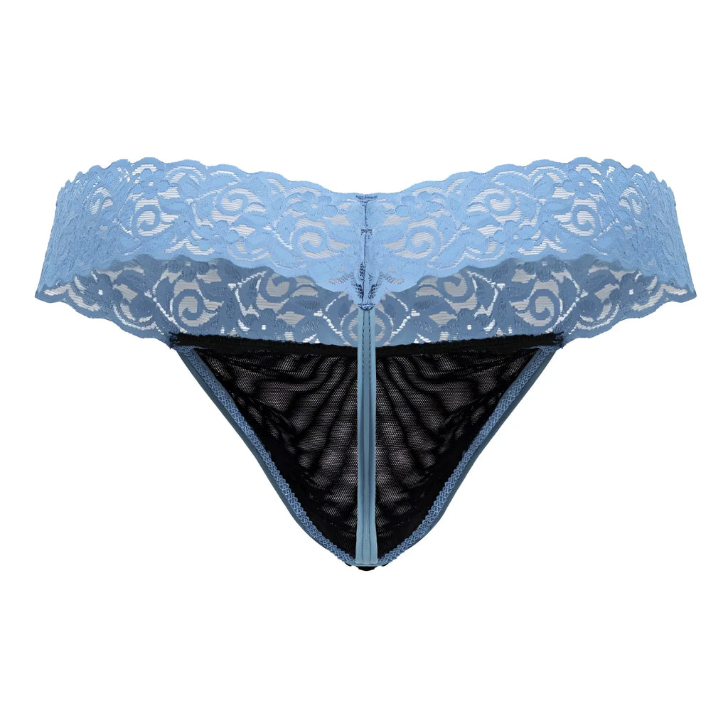 Light blue candyMan 99370 lace thong with black mesh interior and central zipper front detail