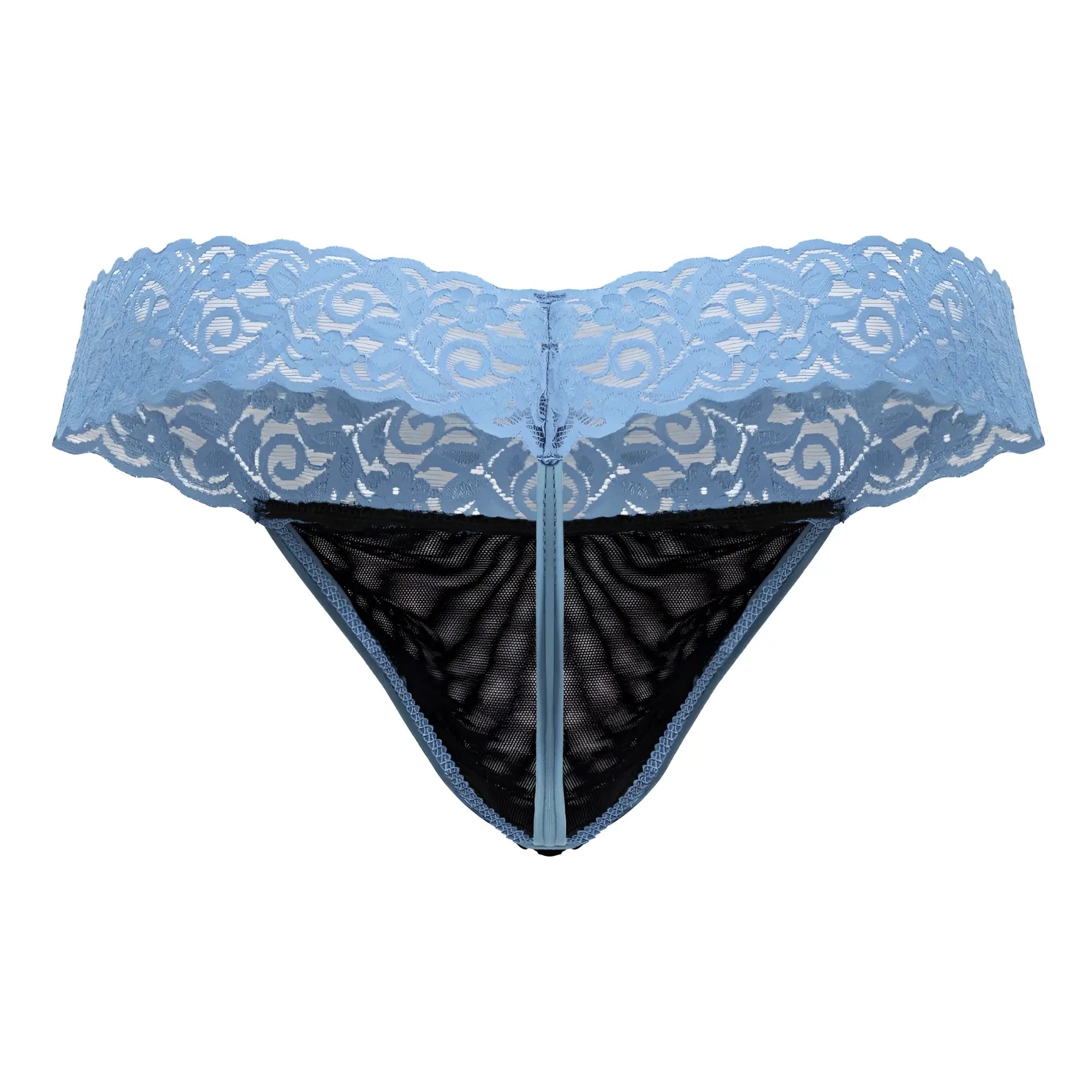 Light blue candyMan 99370 lace thong with black mesh interior and central zipper front detail