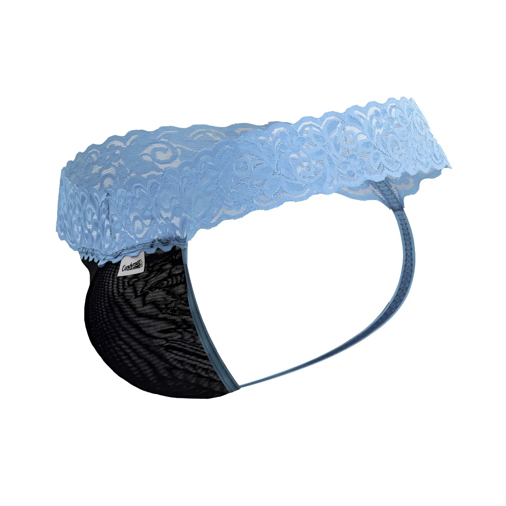 Light blue lace trimmed black mesh briefs from candyman 99370 lace thongs color blue collection front view