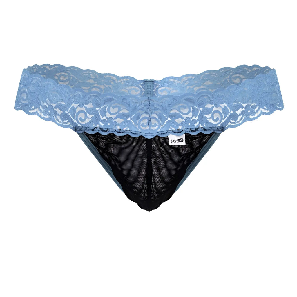 Light blue lace-trimmed thong with black mesh interior from candyman 99370 lace thongs color blue collection