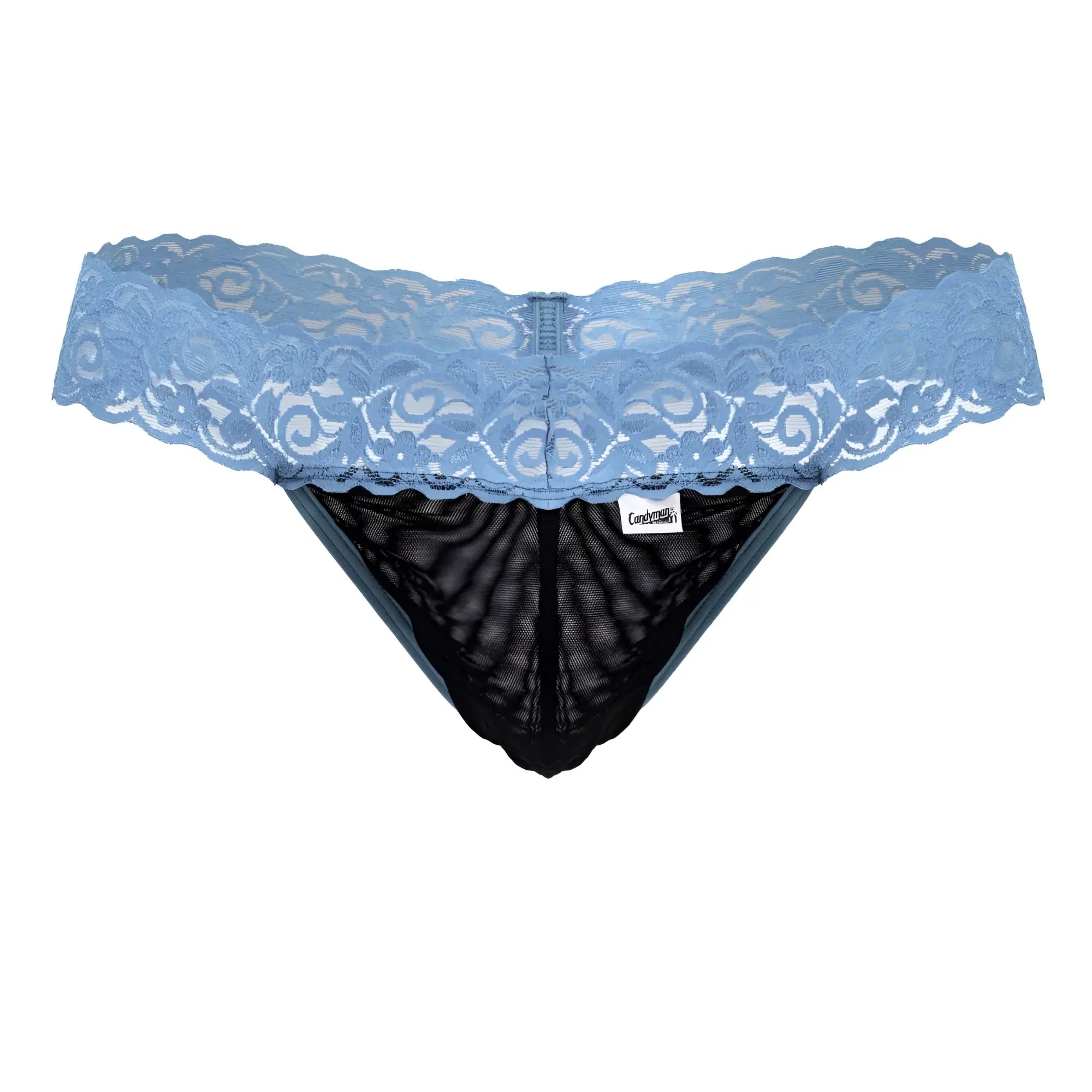 Light blue lace-trimmed thong with black mesh interior from candyman 99370 lace thongs color blue collection