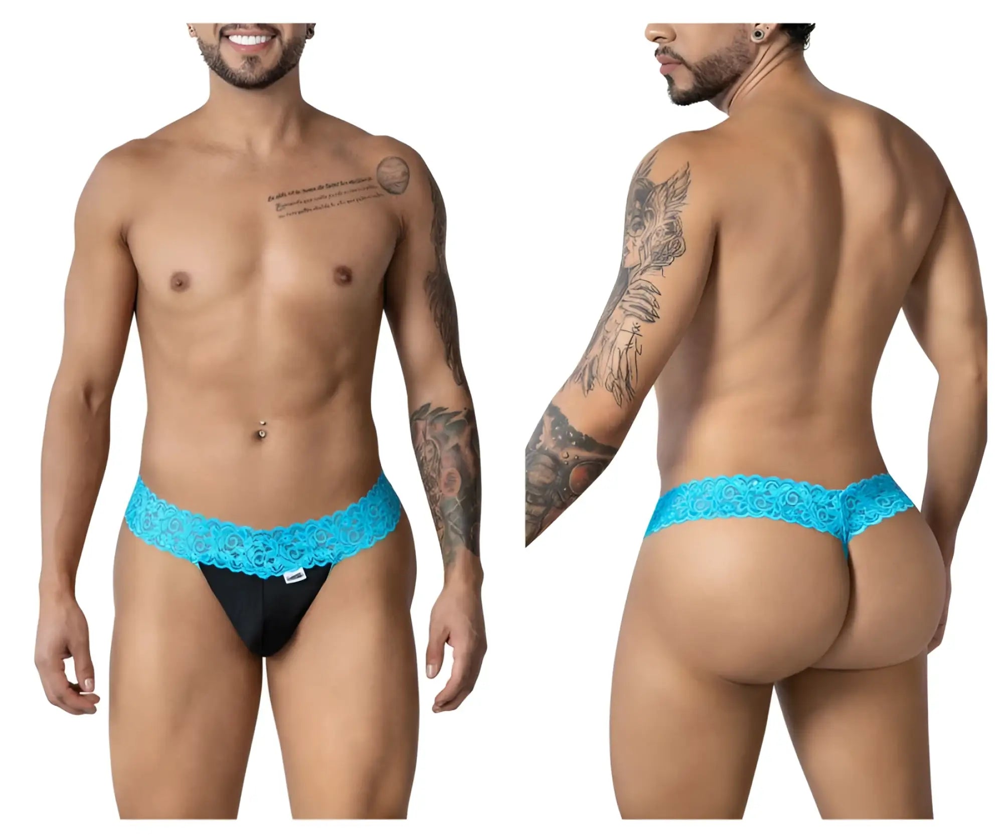 Blue candyMan 99370 lace thong with black briefs and delicate lace trim shown from the back side