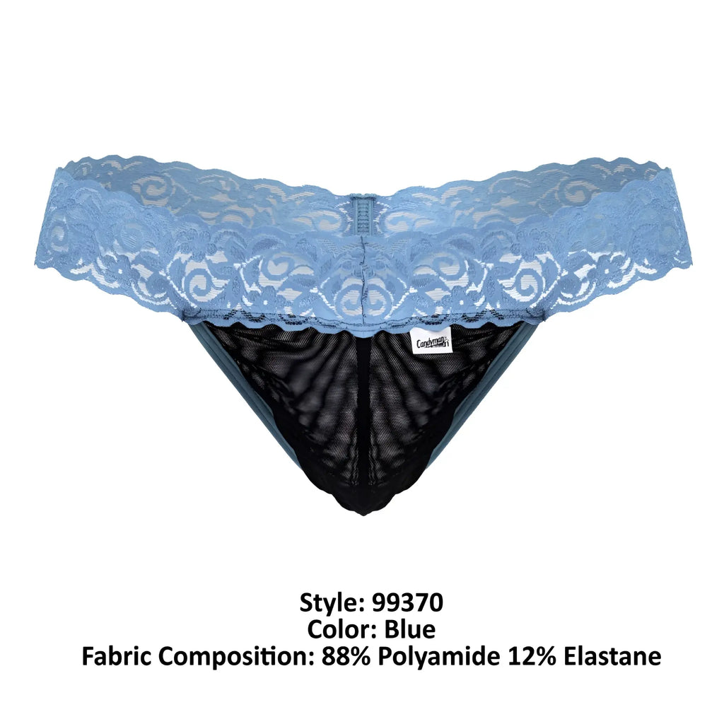Blue CandyMan 99370 lace thong featuring lace trim and black mesh interior for a delicate, stylish look