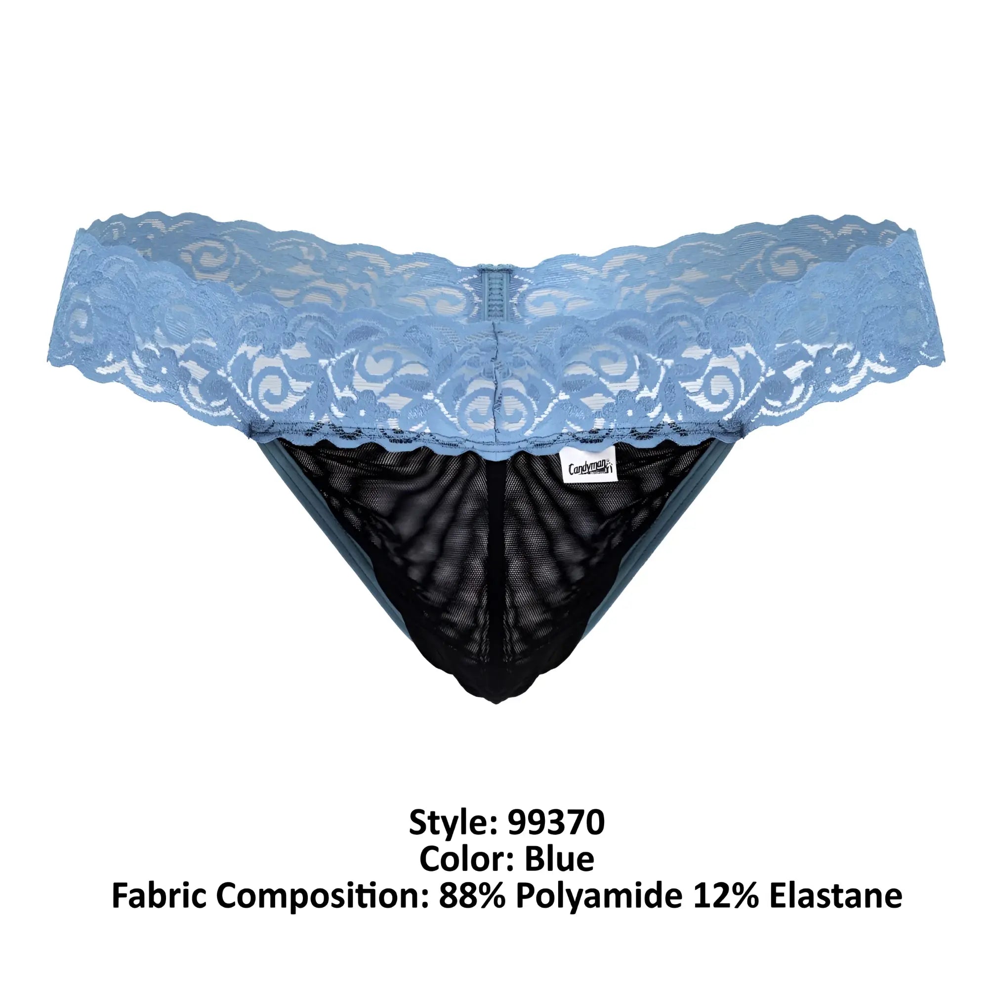 Blue CandyMan 99370 lace thong featuring lace trim and black mesh interior for a delicate, stylish look