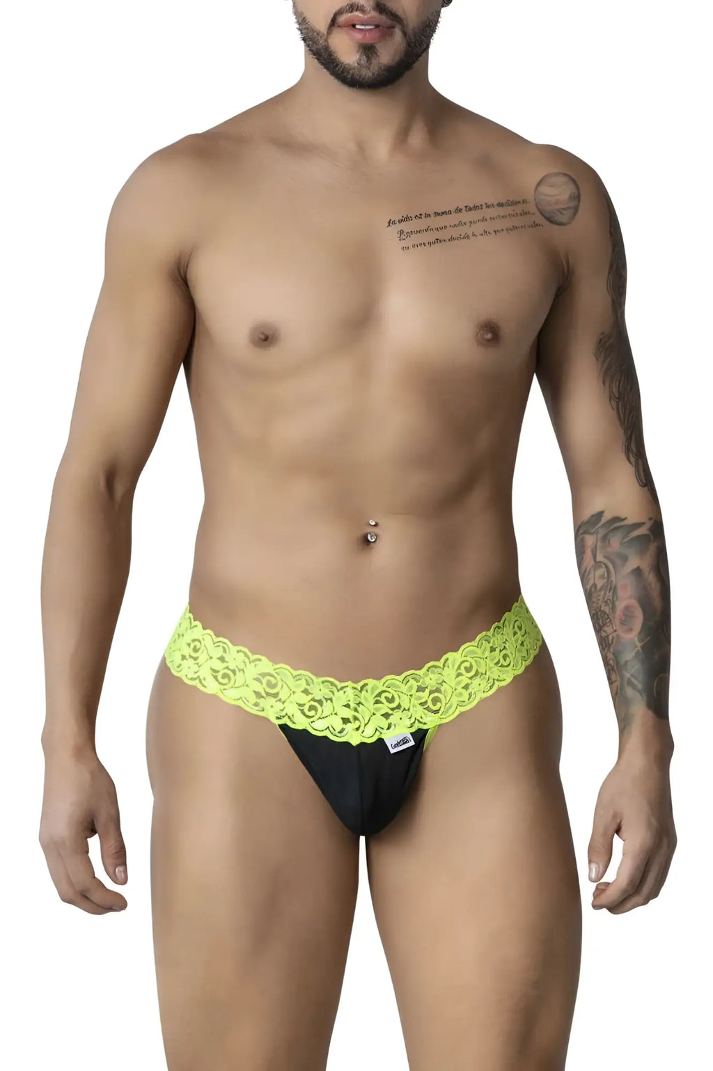 Black lace trimmed CandyMan 99370 lace thong with vibrant neon green decorative band in hot green color
