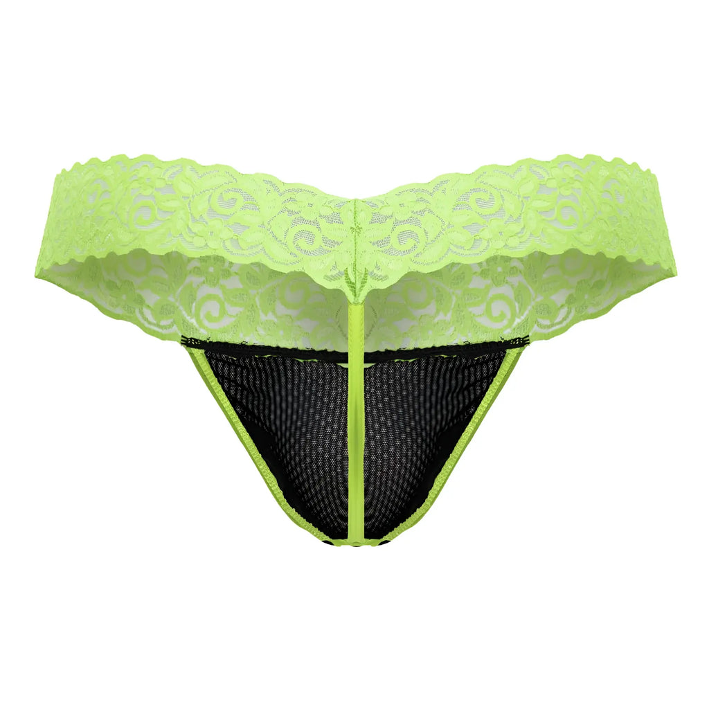 Lime green lace thong with black mesh panel and central zipper from candyman 99370 lace thongs collection