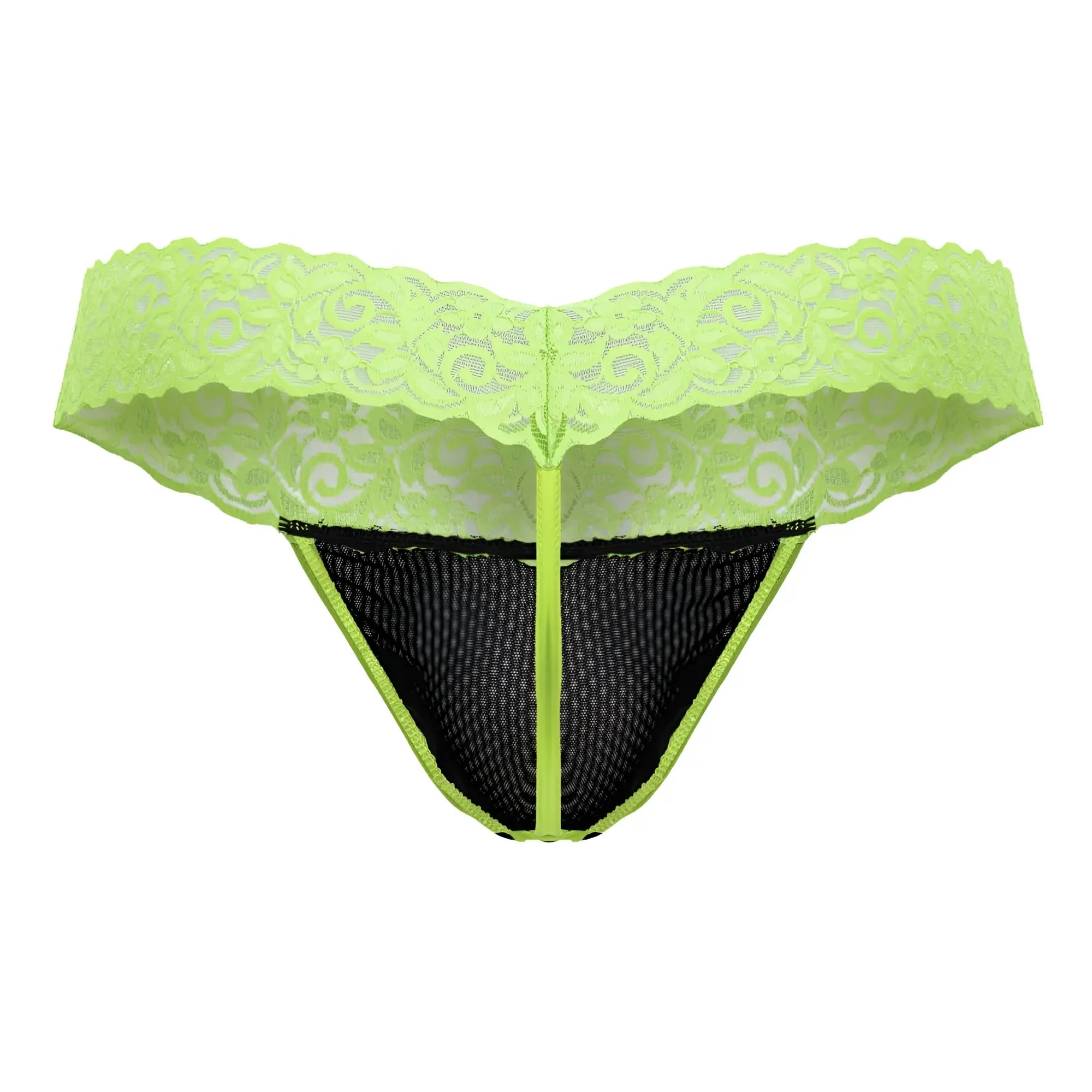 Lime green lace thong with black mesh panel and central zipper from candyman 99370 lace thongs collection