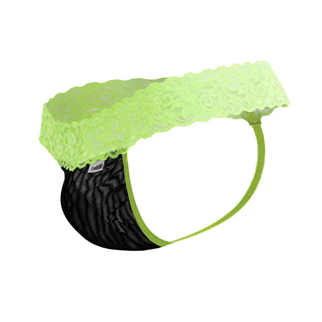 CandyMan 99370 lace thongs in lime green with lace-trimmed black mesh briefs for stylish intimate wear