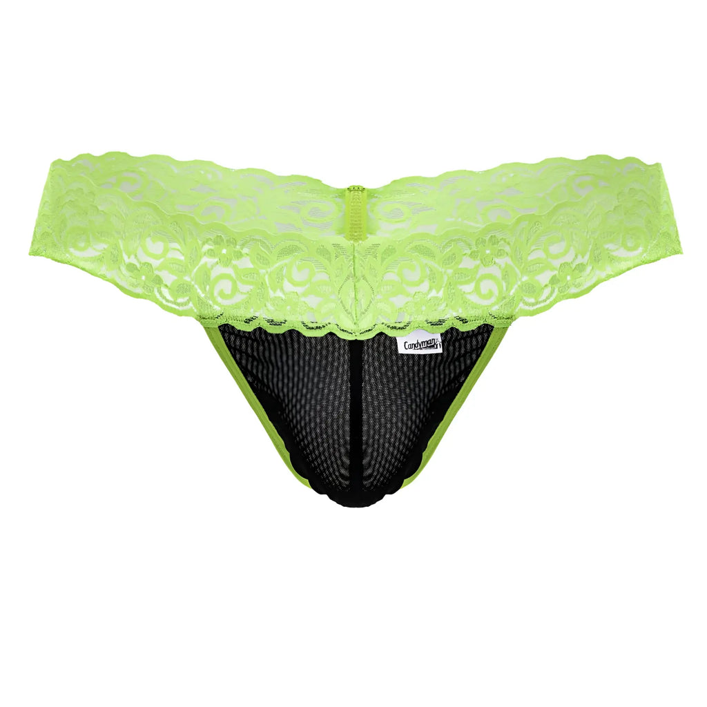 CandyMan 99370 lace thong in hot green with lime green lace trim black mesh and central zipper detail