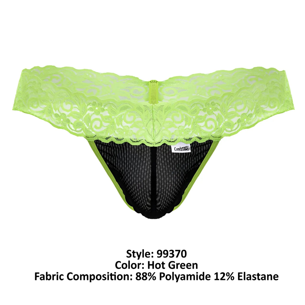 Hot green CandyMan 99370 lace thong with black mesh interior and central zipper detail visible from the back side