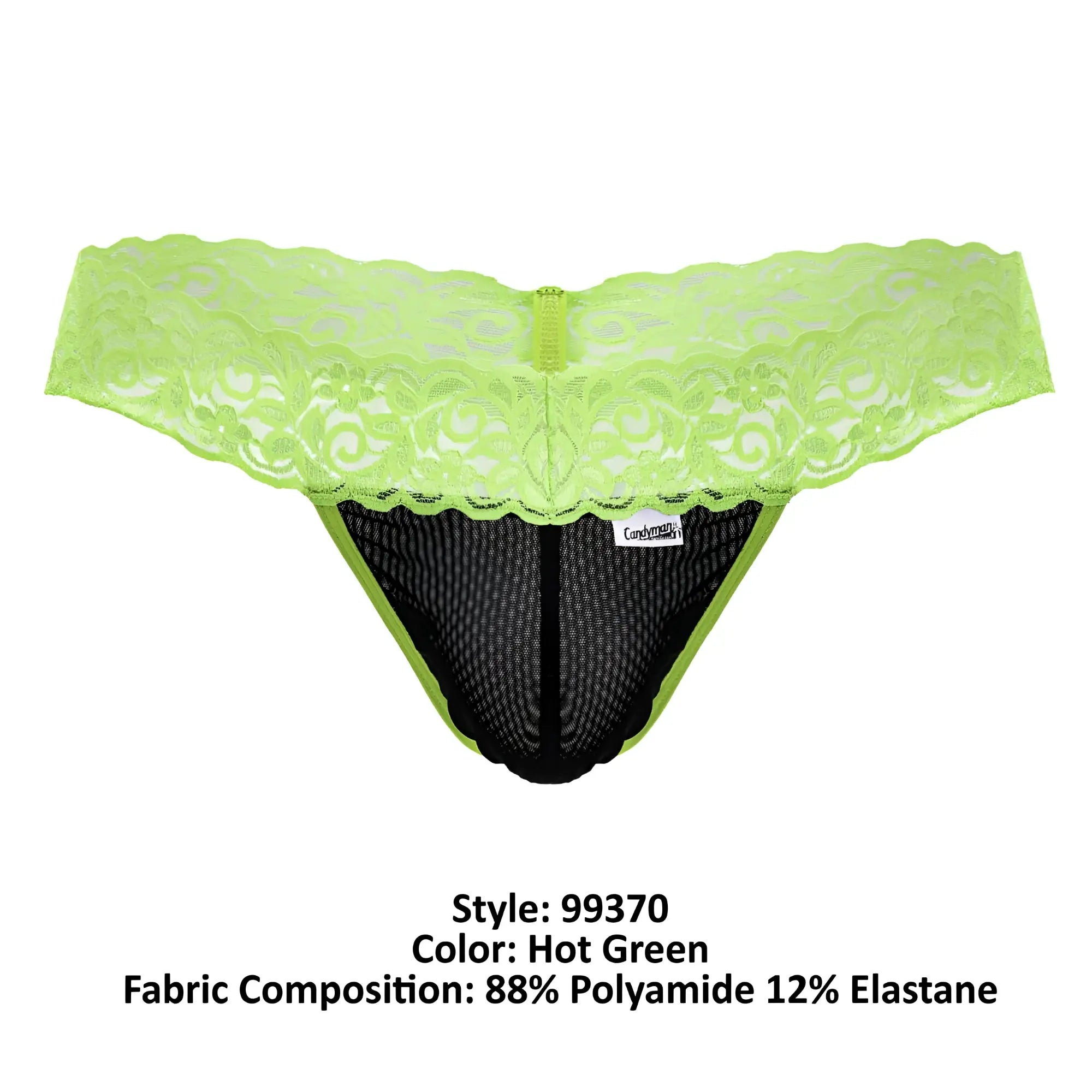 Hot green CandyMan 99370 lace thong with black mesh interior and central zipper detail visible from the back side