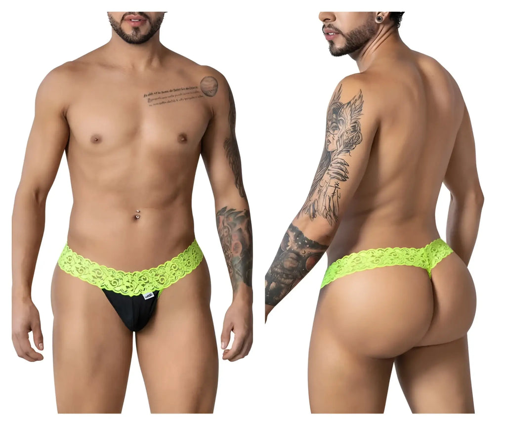 Vibrant neon green lace-trimmed black lace thong candyMan 99370 with delicate lace details