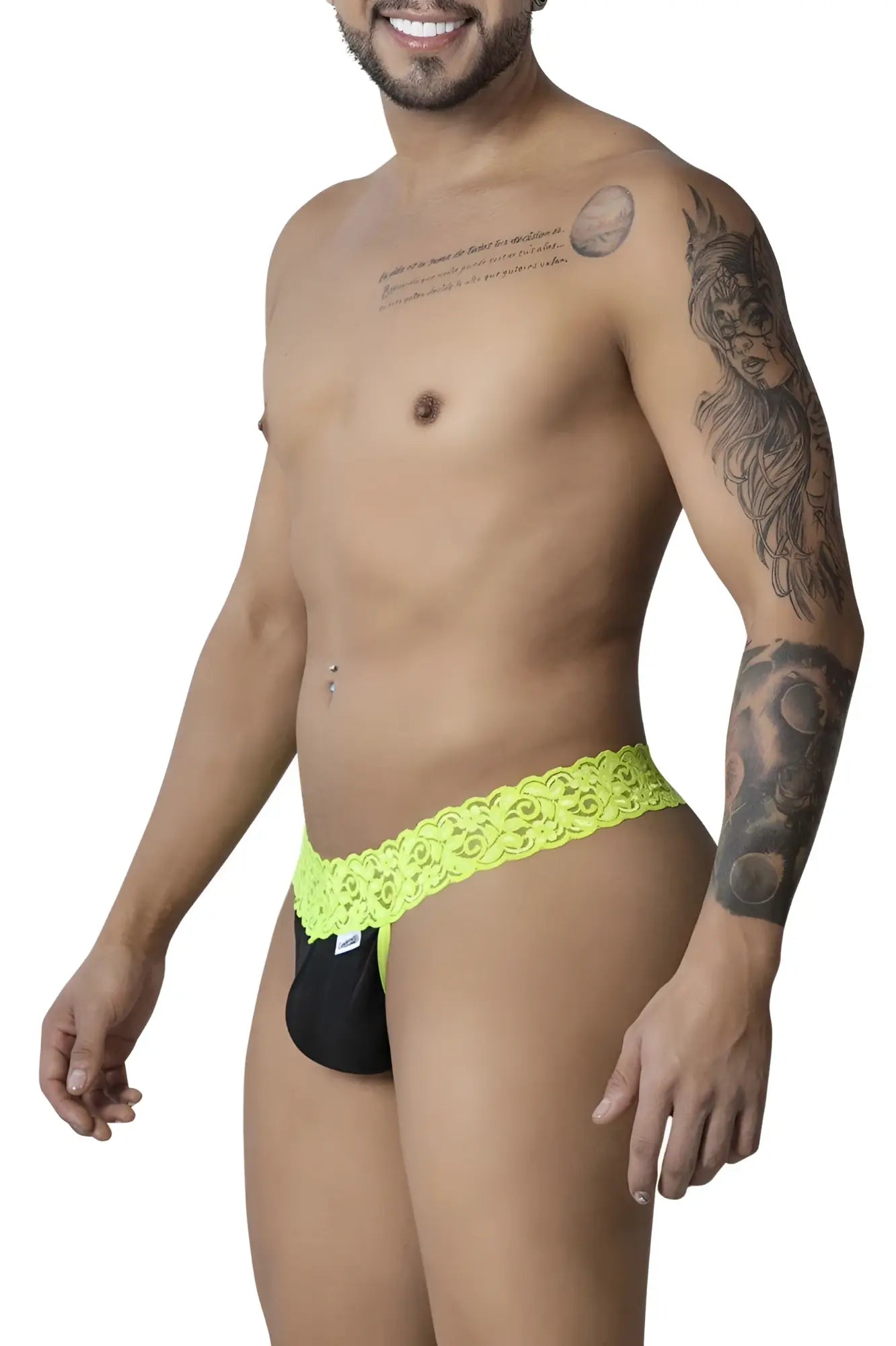 Vibrant neon green lace-trimmed black briefs from candyman 99370 lace thongs in hot green color