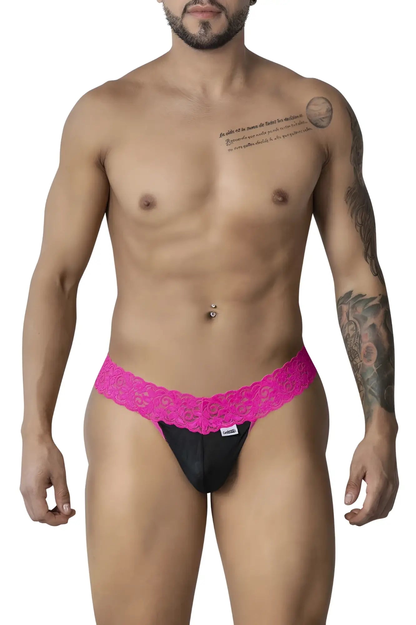 Black and fuchsia lace-trimmed CandyMan 99370 lace thong briefs with branded tag in hot pink color