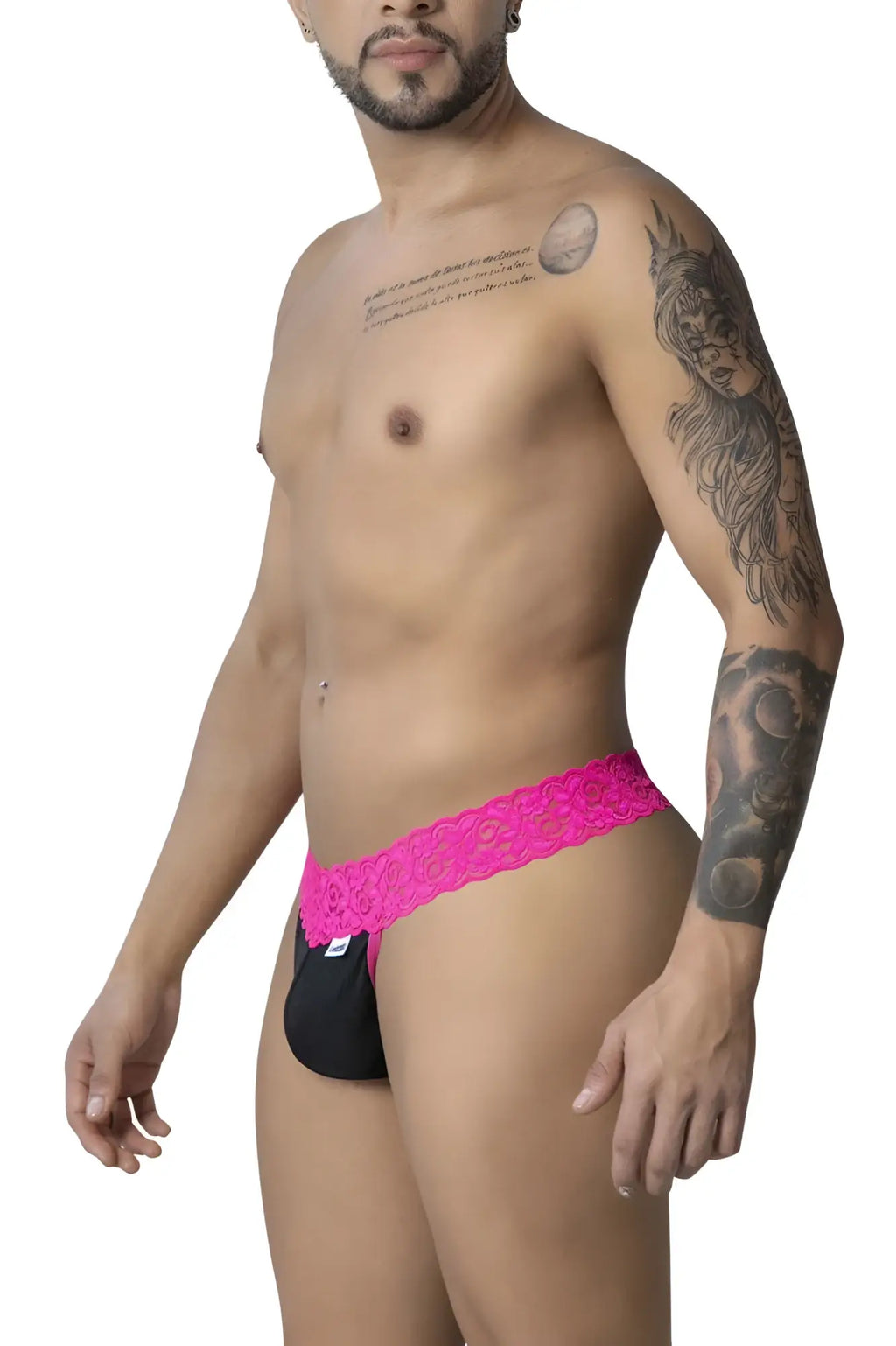 Bright pink lace-trimmed black briefs from candyman 99370 lace thongs in hot pink showcasing delicate lace detailing