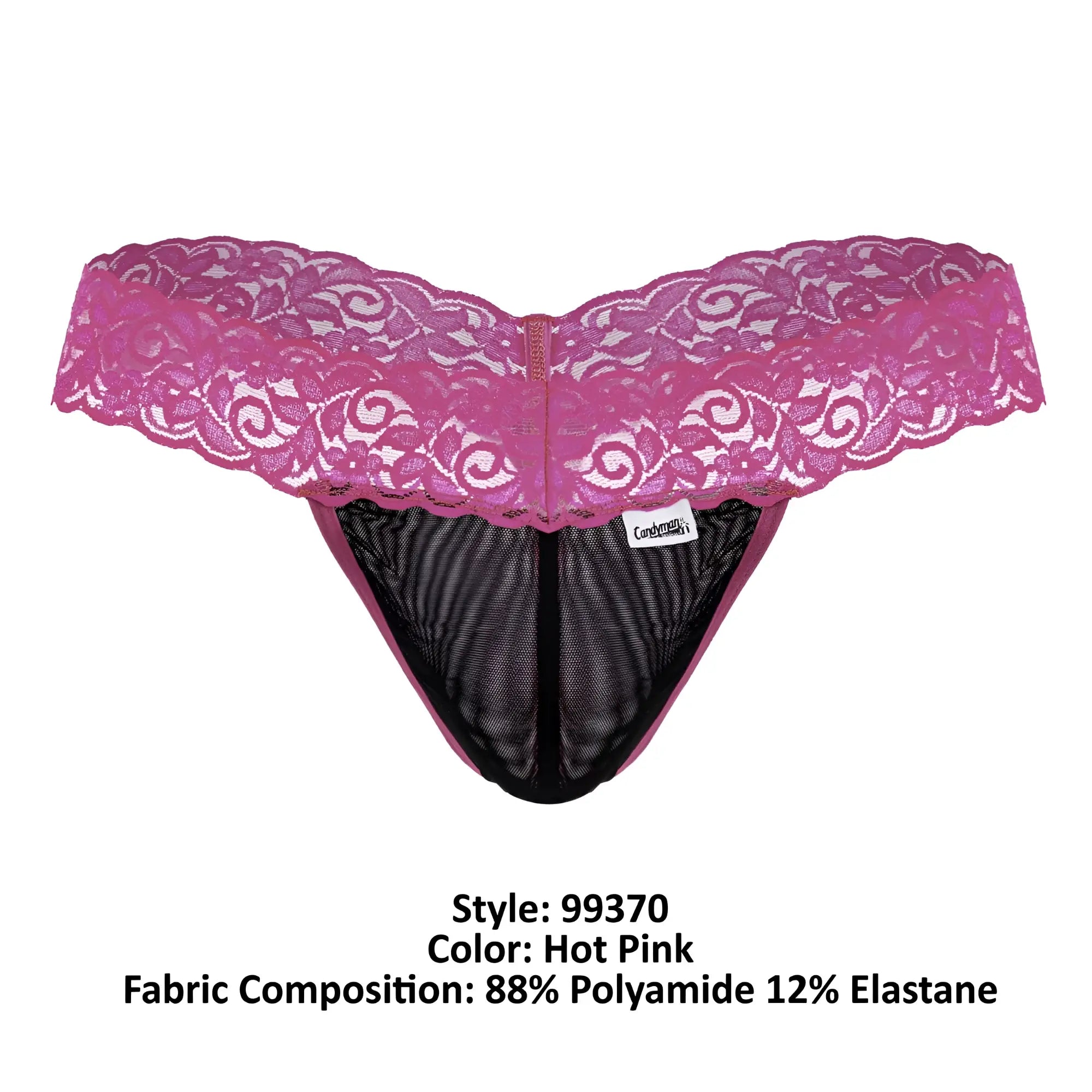 Hot pink CandyMan 99370 lace thong with black mesh interior and central zipper detail