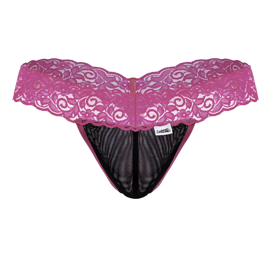 Pink lace thong candyMan 99370 with black mesh interior and central zipper in hot pink color