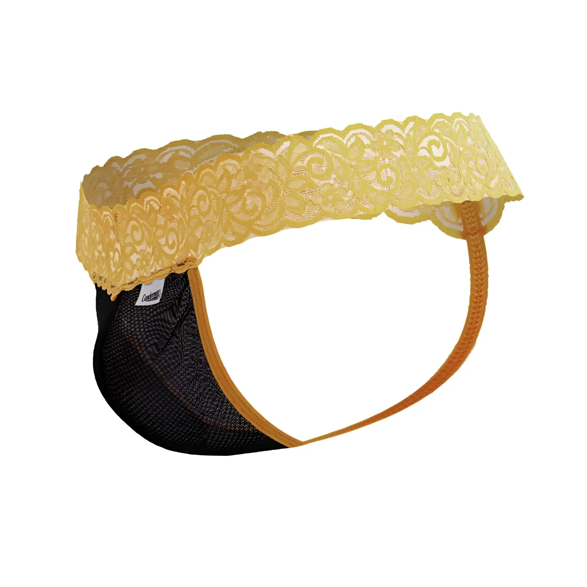 Black mesh brief with yellow lace trim and orange elastic straps from candyman 99370 lace thongs collection