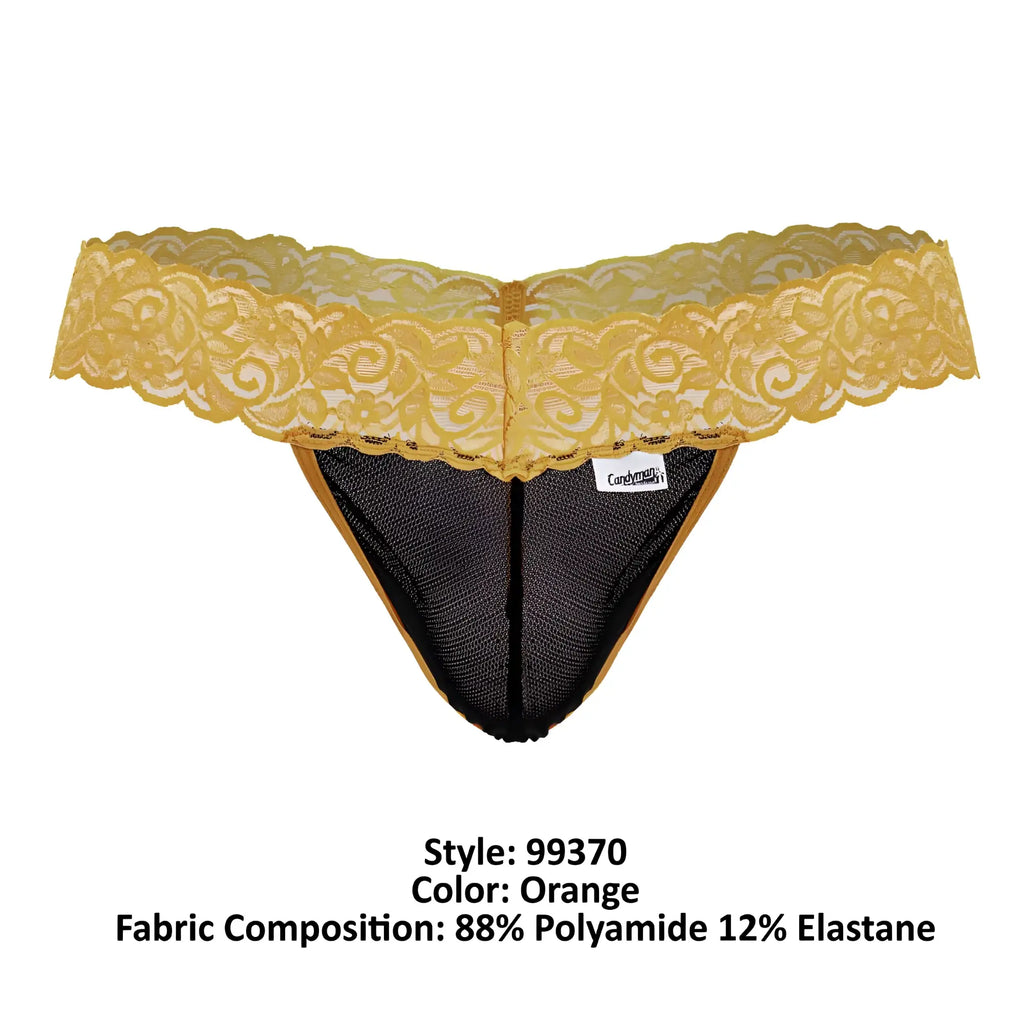 A delicate orange CandyMan 99370 lace thong with black mesh interior and gold trim