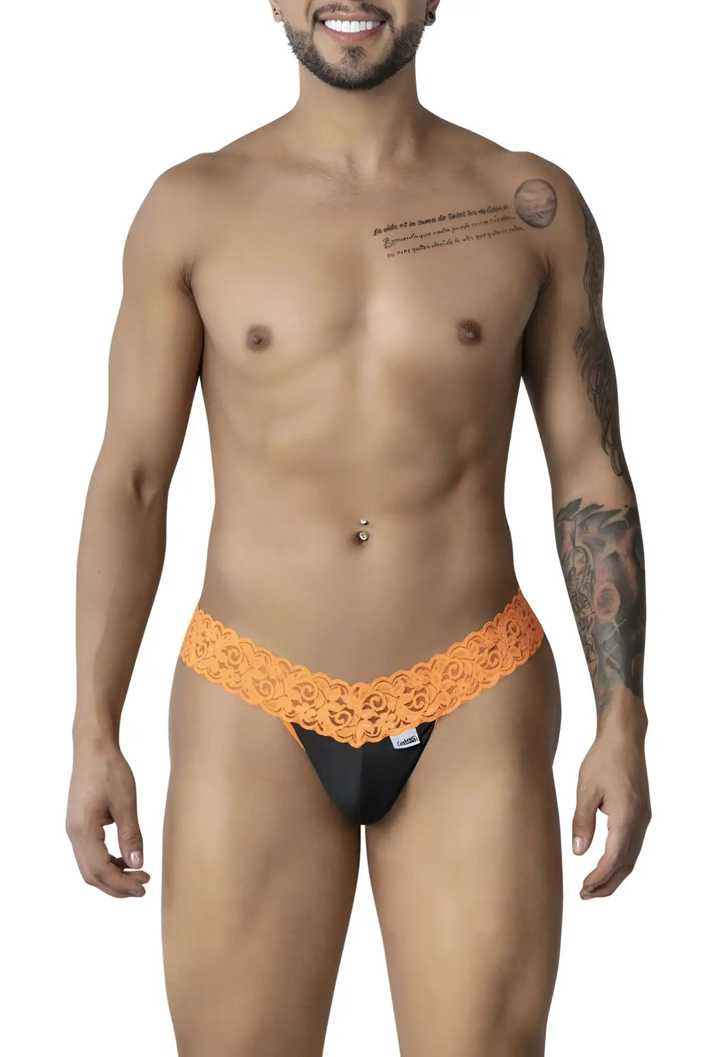 Orange lace-trimmed black briefs from candyman 99370 lace thongs collection showcasing delicate lace material