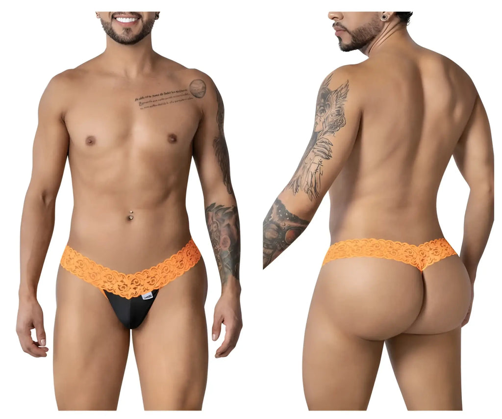 Orange lace-trimmed black thong lingerie candyMan 99370 featuring delicate lace detail in front view