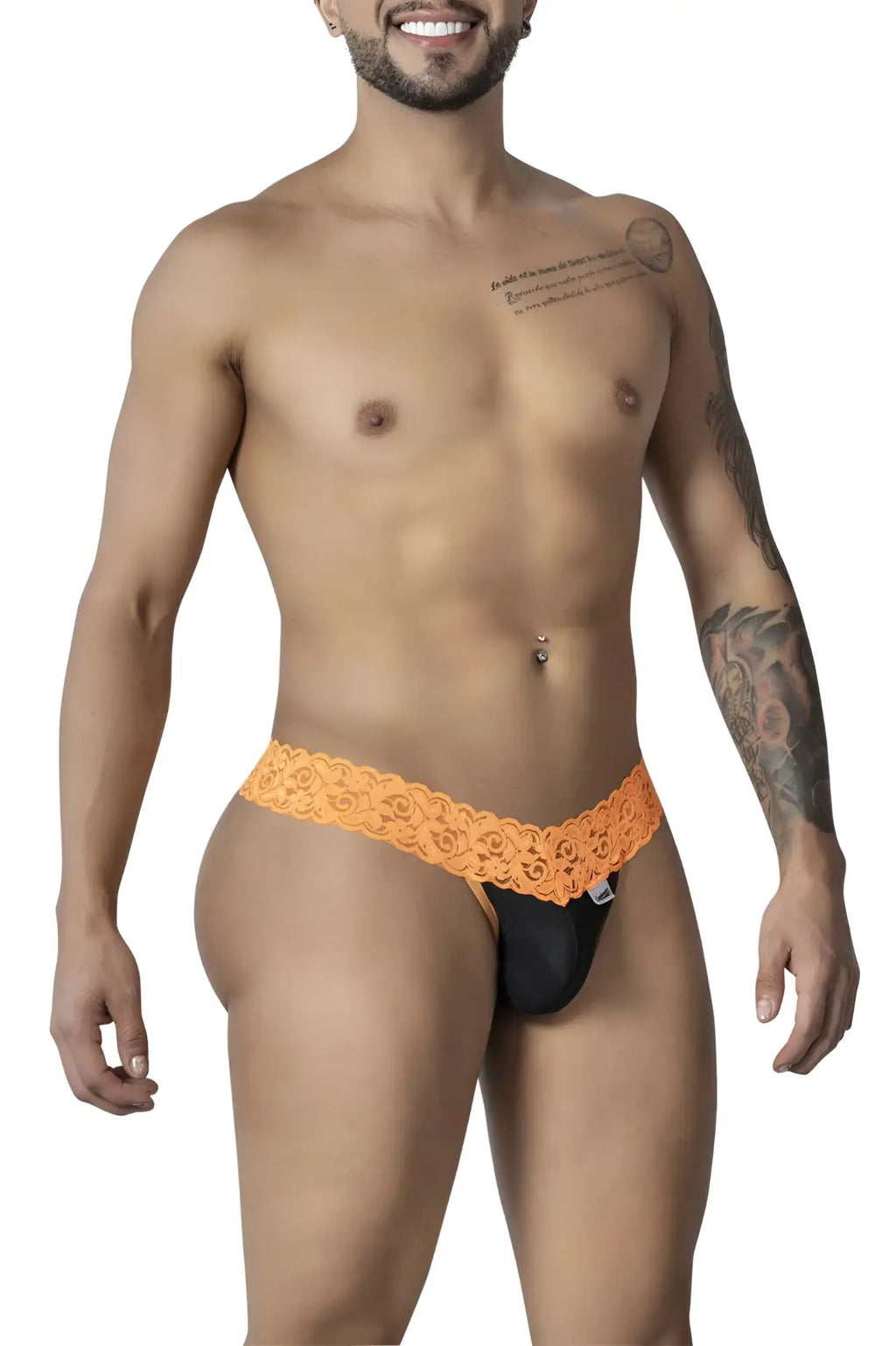 Orange lace-trimmed black thong with small white Candyman brand tag on the side for comfortable stylish wear