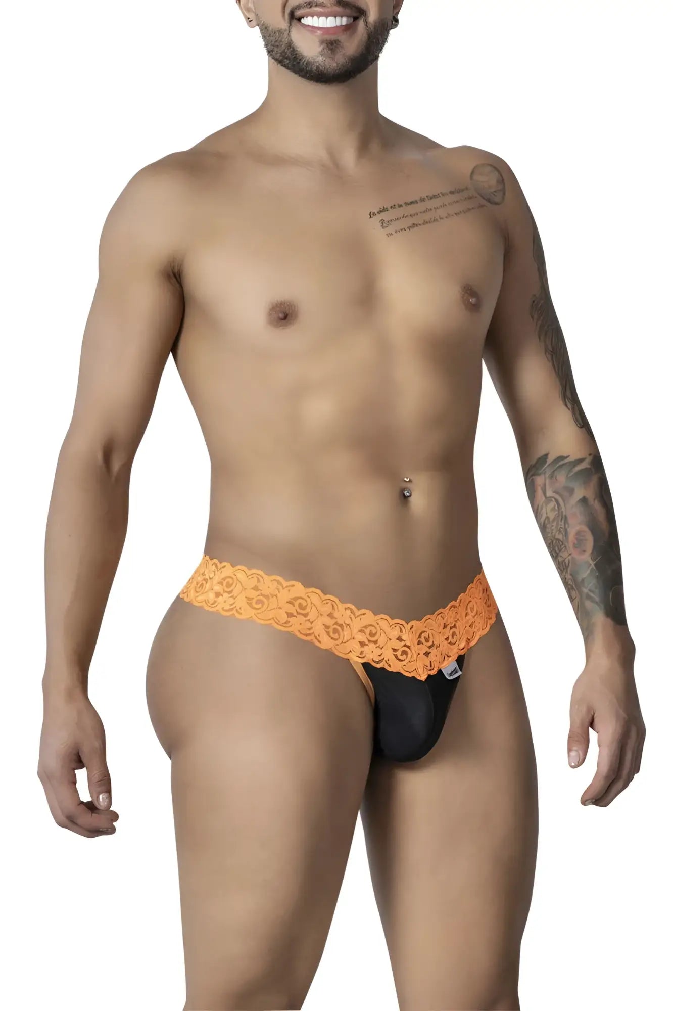 Orange lace-trimmed black thong with small white Candyman brand tag on the side for comfortable stylish wear