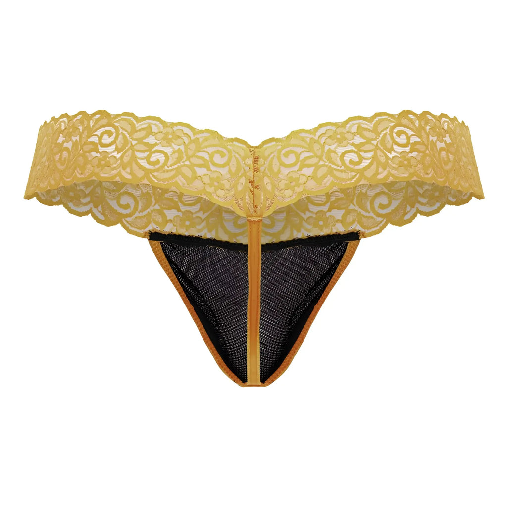 Yellow lace thong with black mesh lining and gold toned trim from candyman 99370 lace thongs color orange
