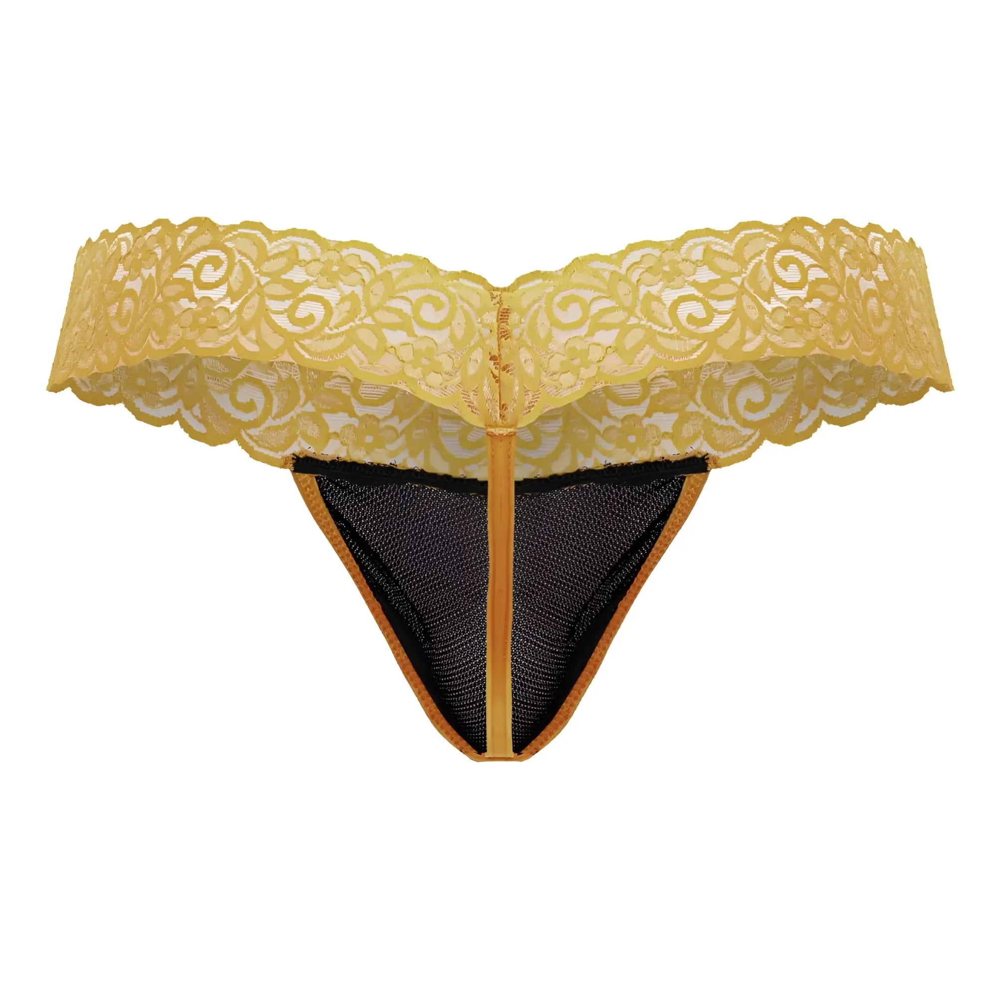 Yellow lace thong with black mesh lining and gold toned trim from candyman 99370 lace thongs color orange