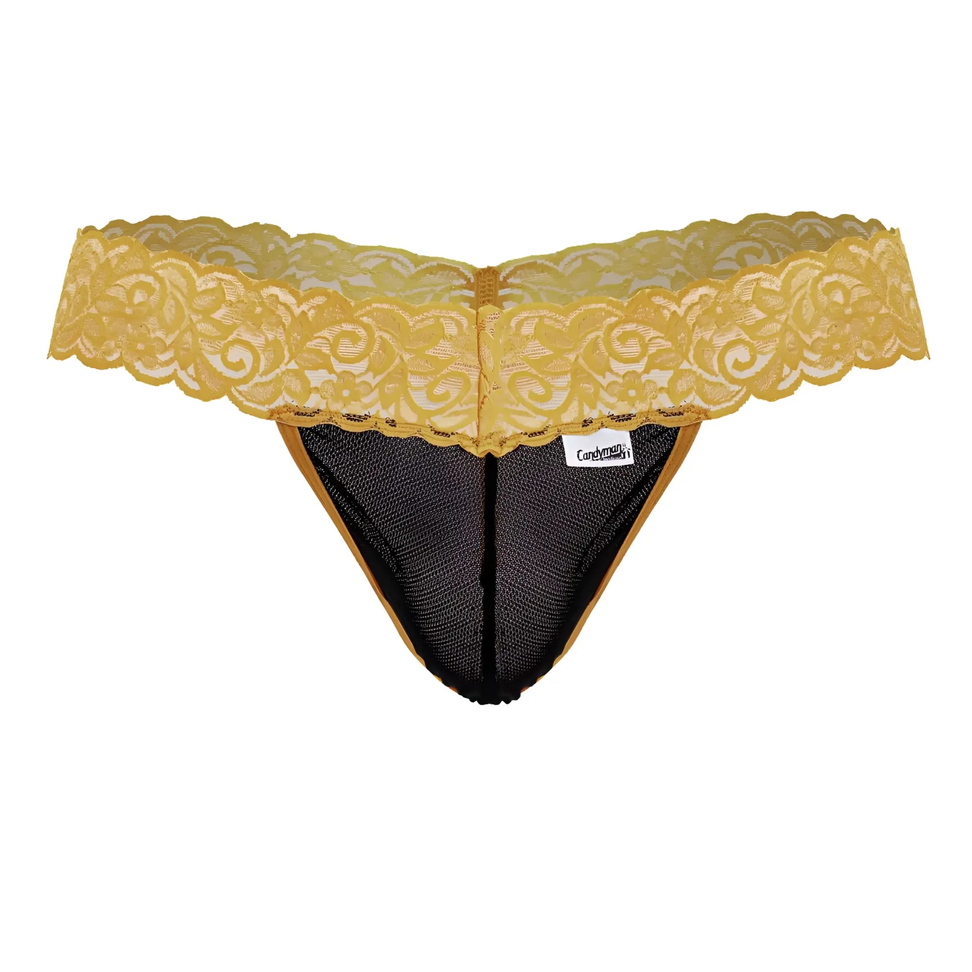 Yellow lace-trimmed black mesh thong with scalloped edge and brand tag from candyman 99370 lace thongs color orange