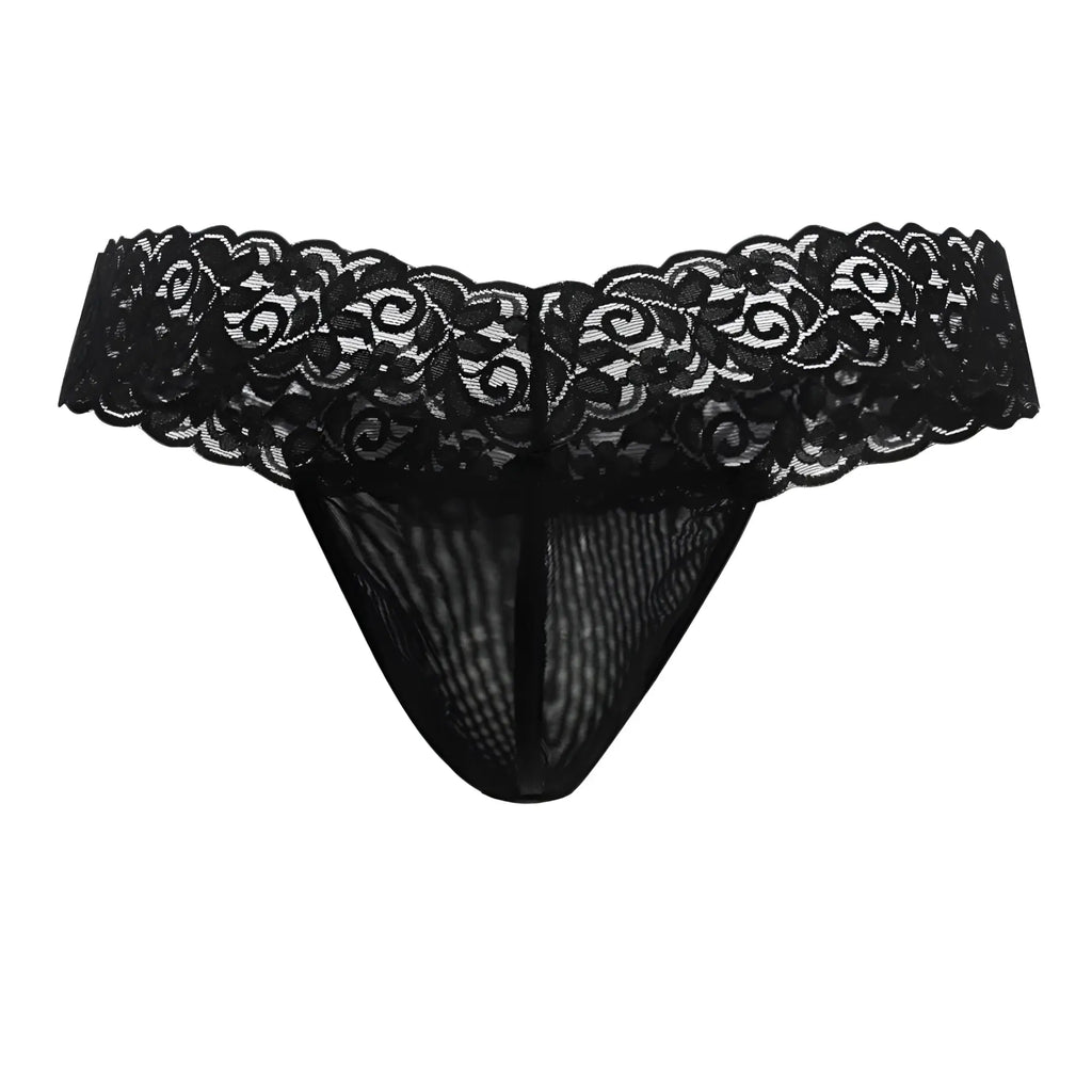Black lace thong candyMan 99370 with intricate floral patterns and sheer mesh body in black color
