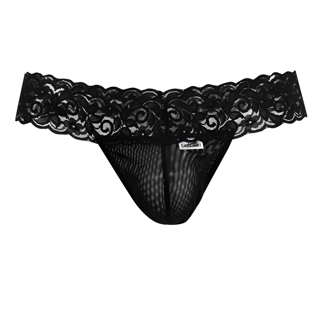 Black lace thong CandyMan 99370 with intricate floral patterns and mesh interior in color black