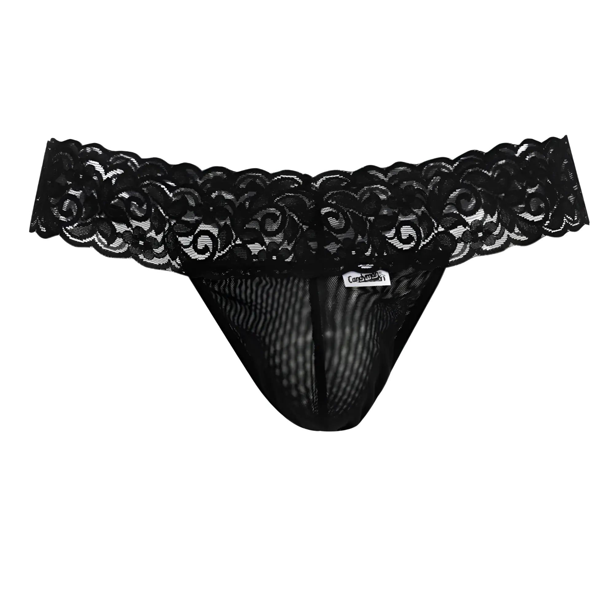 Black lace thong CandyMan 99370 with intricate floral patterns and mesh interior in color black