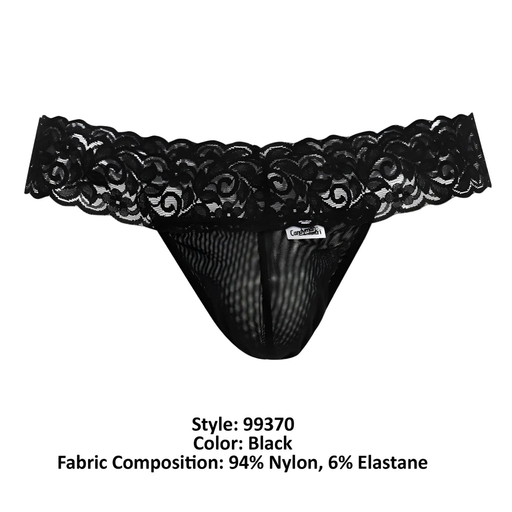 Black lace thong candy man 99370 with scalloped edge mesh body made of 94 nylon and 6 elastane in black