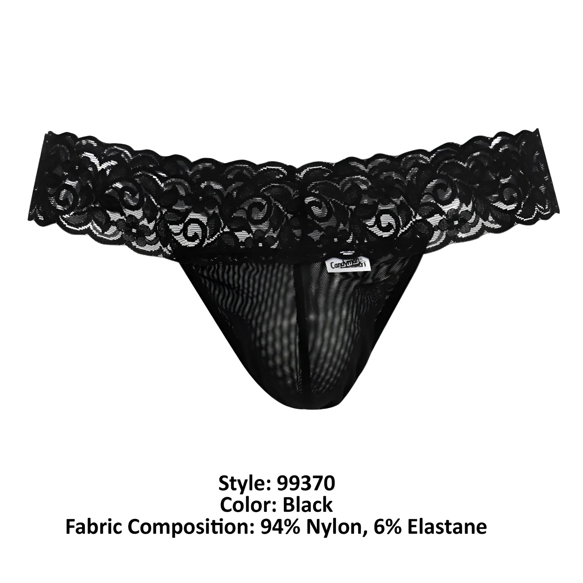Black lace thong candy man 99370 with scalloped edge mesh body made of 94 nylon and 6 elastane in black